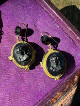 Load image into Gallery viewer, c. 1880 Jet Glass and Gilt Cameo Earrings
