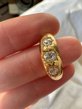 Load image into Gallery viewer, c. 1895 18ct Gold 3 Stone Old Mine Cut Gypsy Ring 