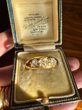 Load image into Gallery viewer, c. 1895 18ct Gold 3 Stone Old Mine Cut Gypsy Ring 