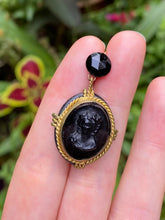 Load image into Gallery viewer, c. 1880 Jet Glass and Gilt Cameo Earrings