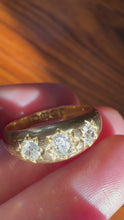 Load and play video in Gallery viewer, c. 1895 18ct Gold 3 Stone Old Mine Cut Gypsy Ring 