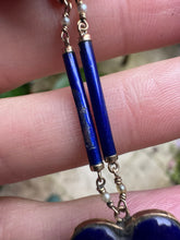 Load image into Gallery viewer, c. 1880 9ct Gold, Enamel and Seed Pearl Chain and Amethyst Cabochon

