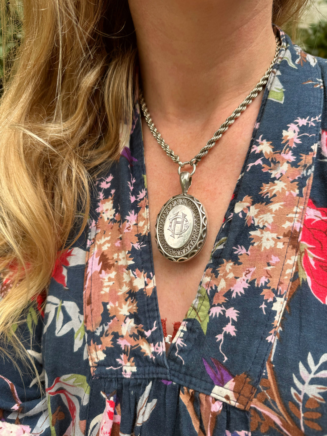 c. 1880 Silver Rope Chain with Enormous Locket