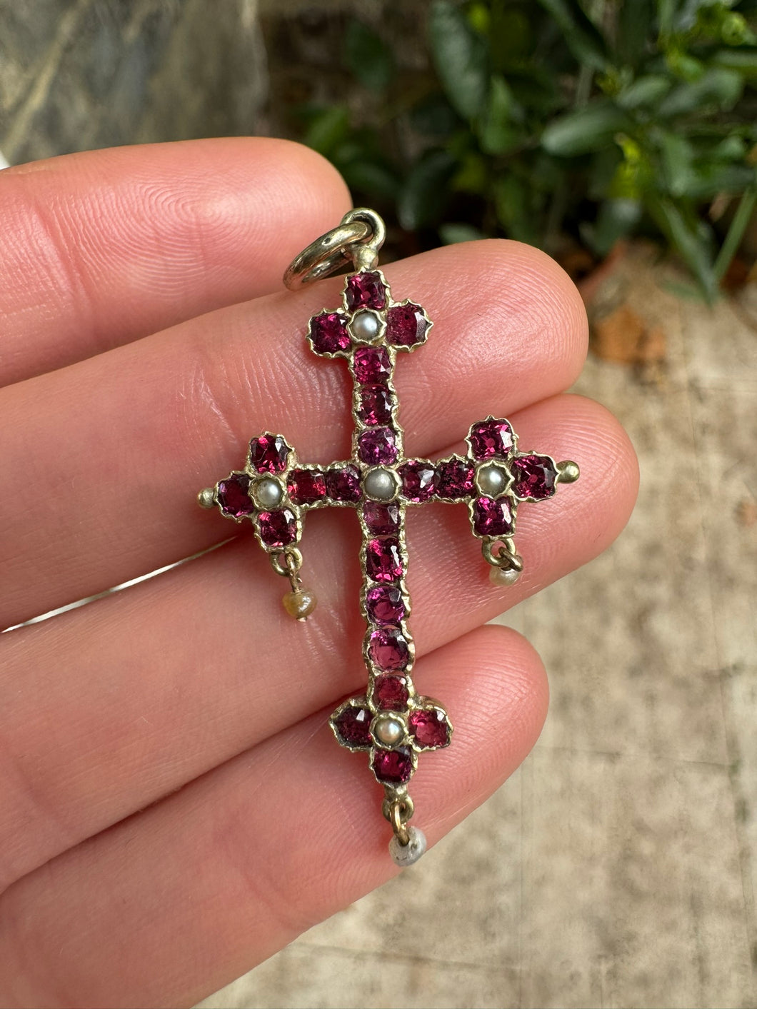 c. 1820 Georgian Gold, Garnet and Pearl Cross Pendant