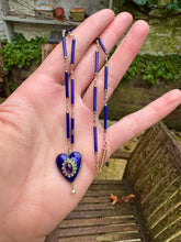 Load image into Gallery viewer, c. 1880 9ct Gold, Enamel and Seed Pearl Chain and Amethyst Cabochon
