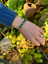 Load image into Gallery viewer, c. 1925 Art Deco Green Paste &amp; Silver Buckle Bangle Bracelet
