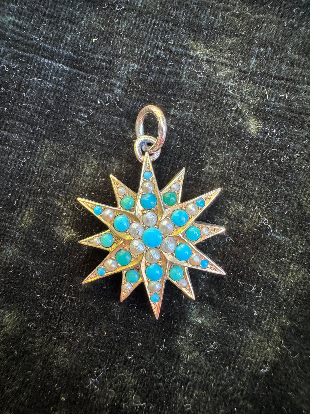 c. 1890 9ct Turquoise & Pearl Starburst Pendant