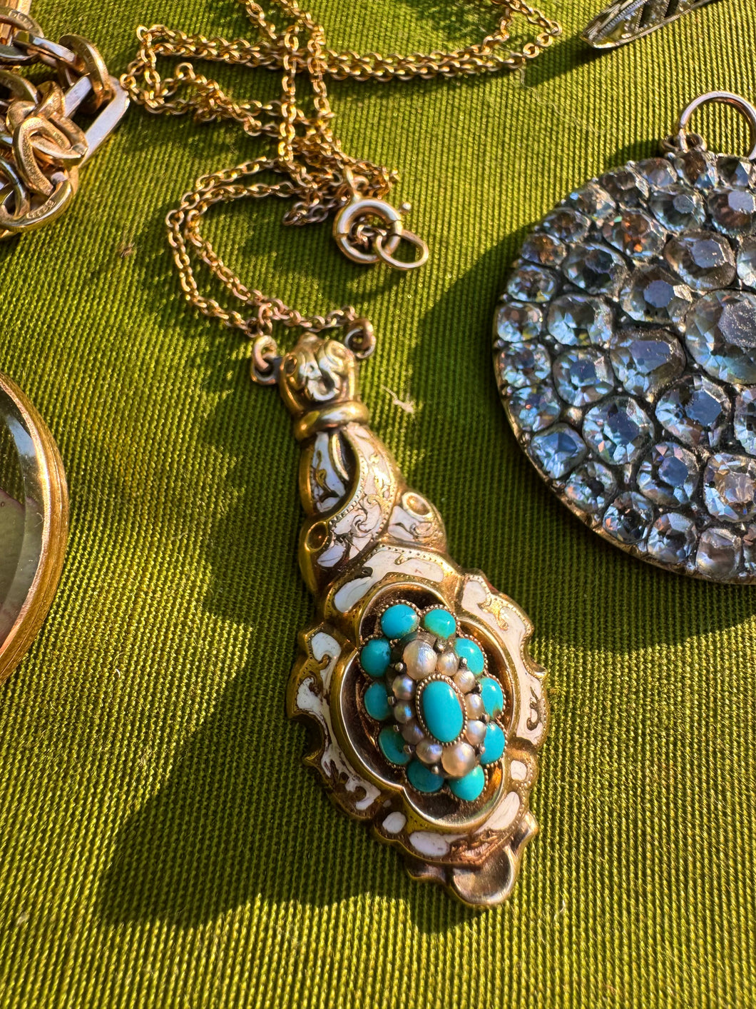 c. 1880 Gold, Silver, Turquoise, Pearl & Enamel Pendant Necklace