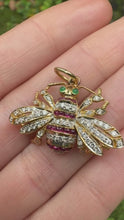 Load and play video in Gallery viewer, Vintage 18ct, Diamond, Ruby and Emerald Bee Pendant
